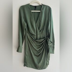MNG Green Silky Long Sleeve Shirt Wrap Dress, Size 8